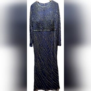 Beaded Mac Duggal Navy Blue Ball Gown Long Sleeve Maxi Dress Size 16